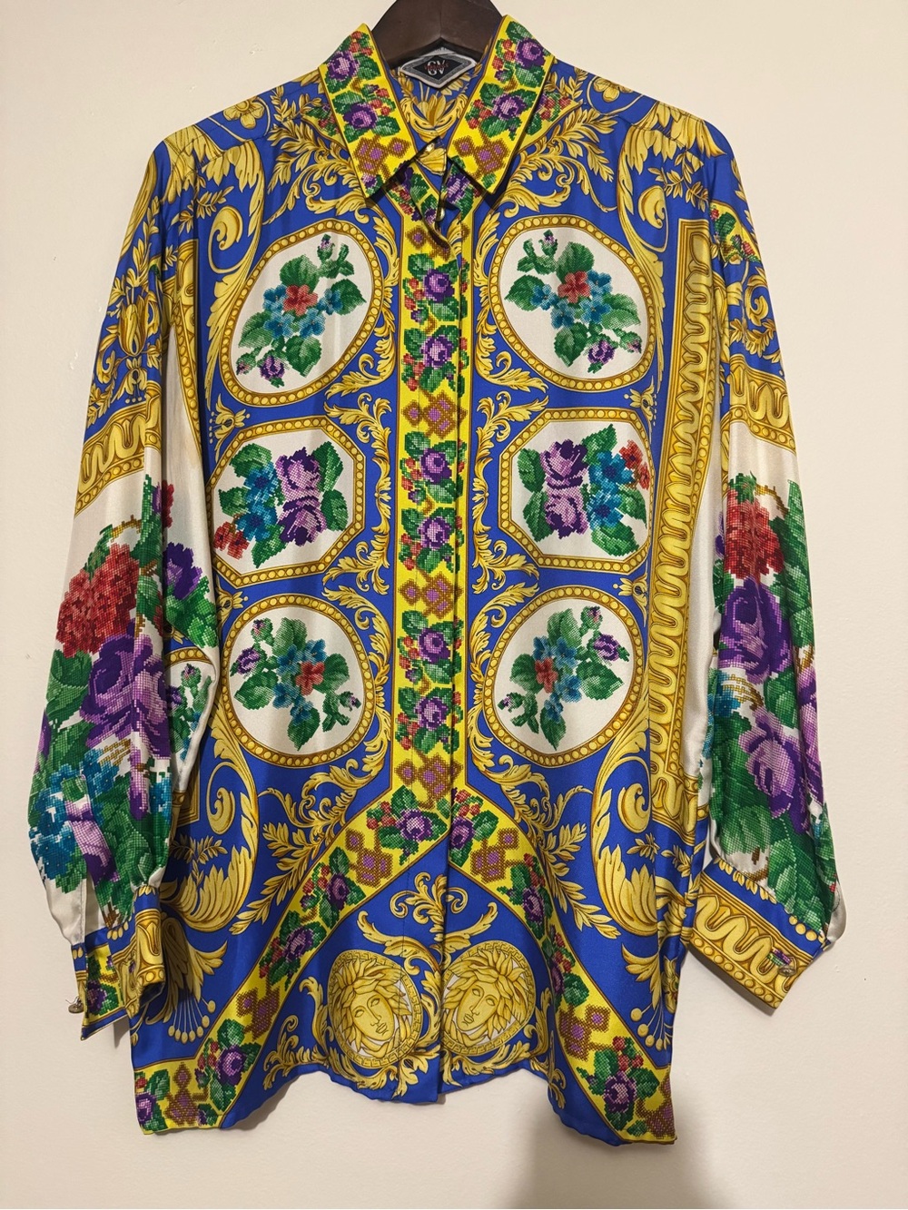 RARE Vintage Gianni Versace Atelier Silk Men's Shirt - Blue & Gold